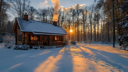 Cozy cabin nestled in the snowy woods at sunrise - Powered by Adobe
