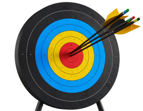 A detailed 3D render of a colorful archery target showing three black arrows landing across different colored rings suggesting sports training,  and practice effort isolated on transparent background