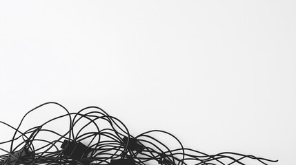 Tangled Black Cables on a Pure White Background: Minimalist High-Key Studio Shot
