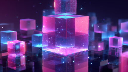 abstract 3D shapes made of glass morphism, cyberpunk textures with neon lighting and glowing particles, futuristic floating interface elements, vivid blue and pink tones