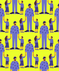 seamless father with children holding hands pattern on yellow background flat abstract simple illustration poster