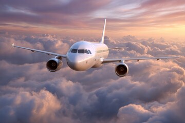 Fototapeta premium Airplane Soaring Above Sunset Clouds: A Serene Aerial View