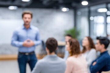 Obraz premium Blurred Business Meeting: Attentive Audience, Focused Speaker