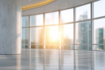Obraz premium Modern Office Interior: Sunlit Space with Concrete Column and City View