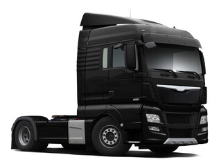 A modern European truck is completely black. Front side view isolated on white background.