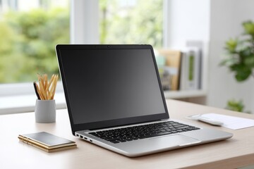 Fototapeta premium Modern Laptop on Desk: Minimalist Workspace Scene