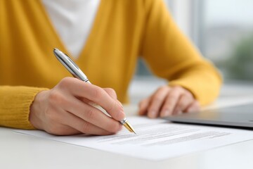 Close-up of Hand Signing Document: Silver Pen, Yellow Sweater, Serene Mood