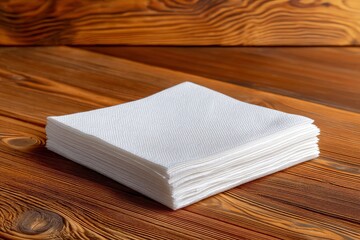 A stack of crisp, white paper napkins rests on a rustic wooden surface, evoking cleanliness and