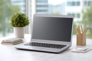 Silver Laptop on Marble Desk: Minimalist Workspace Serenity