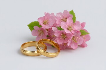 Golden Wedding Bands Nestled Among Delicate Pink Blossoms: A Romantic Still Life