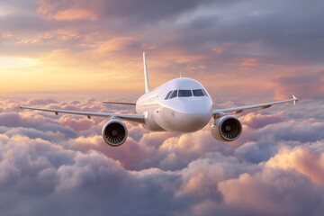 Fototapeta premium Airplane Soaring Above Sunset Clouds: A Serene Aerial Vista