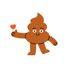 Cute cartoon poop character holding a red heart and smiling sweetly, symbolizing love and humor. Vector illustration.