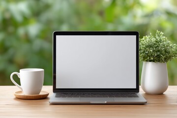 Fototapeta premium Serene Laptop Workspace: Blank Screen, Coffee, Plant, Natural Light