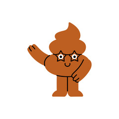 Happy cartoon poop character smiling and waving hand in friendly gesture. Vector illustration.