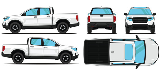Car Vector Pickup Ridgeline - Mockup car vector for branding on isolated white background. Side, Front, Rear, Top Views © Deden Irfandi