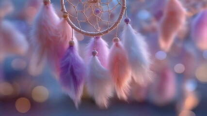 Dreamy pastel dreamcatcher with soft feathers swaying in gentle light - Powered by Adobe