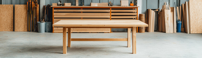 Fototapeta premium Wooden table in craftsmans workshop, ambient studio glow, handmade furniture, carpentry tools, creative workspace, natural wood