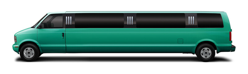 Small classic minibus limousine blue green color, side view and isolated on white background