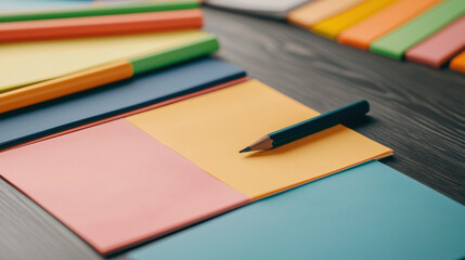 Naklejka premium Colorful sticky notes, pencil, and paper on dark desk create creative, organized workspace for planning and brainstorming ideas