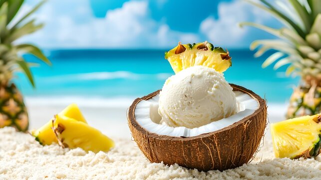 Tropical dessert delight: coconut shell filled with creamy ice cream and garnished with pineapple chunks on a pristine sandy beach backdrop.