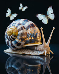 Snail Shell Cityscape with Three White Butterflies on Black Background