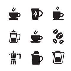 A collection of black silhouette icons representing various coffee and tea preparation and serving items. on white
