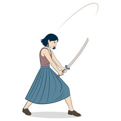Vector illustration of a young woman in a skirt swinging a katana with focus and strength. Dynamic pose, flat style. Concept of determination, action, female warrior.