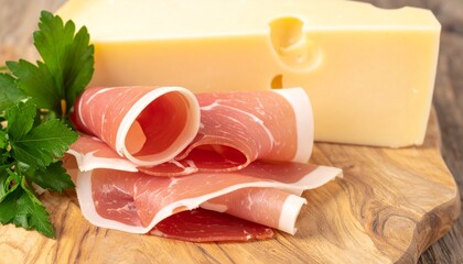 Rustic Cheese and Prosciutto Arrangement on a Wooden Cutting Board