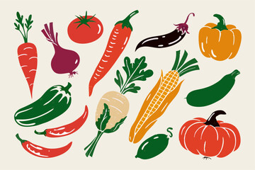 Vibrant Vegetable Illustration Collection: Carrots, Peppers, Pumpkins