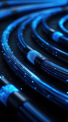 Fiber optic cable glowing blue technology data network communication modern visualization grid. Glowing blue fiber optic cables curve modern tech