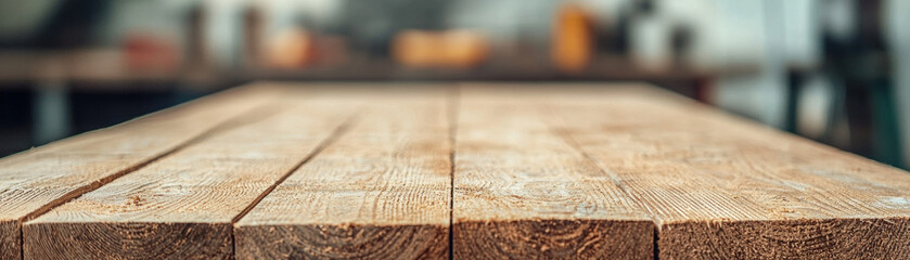 Rough wood workbench with blurred saw tools in background, rustic texture, natural grain, warm workshop atmosphere