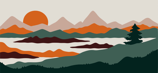 Sunset Mountain Landscape: Minimalist Art Print