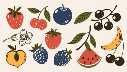 Hand-drawn Fruit Illustrations: Strawberries, Cherries, Watermelon