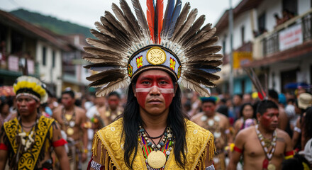 Fototapeta premium Indigenous man in traditional headdress and face paint at festival