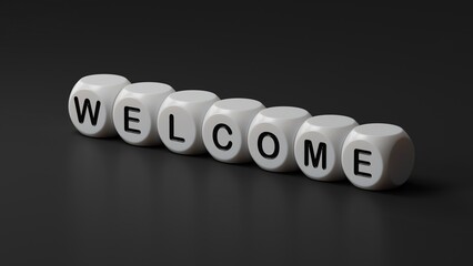 welcome on wooden dice. Business. Strategy.close up of wooden dice,Business Concept.3D rendering on black background.