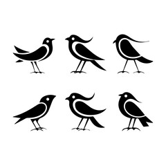 Collection of six unique bird silhouettes in various poses, including perched and flying forms, rendered in black on white, showcasing avian diversity and graphic elegance.