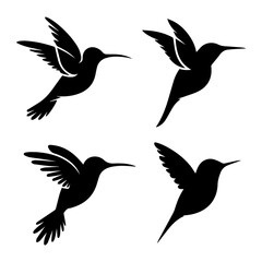 Collection of six unique bird silhouettes in various poses, including perched and flying forms, rendered in black on white, showcasing avian diversity and graphic elegance.