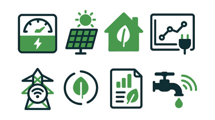 Two-Color vector icons of green smart home: energy meter, solar battery, green home icon, consumption graph. Smart grid icon, eco mode, sustainability report, smart water control.