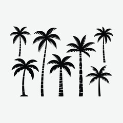 Download a premium palm tree silhouette vector set featuring clean black tropical palm designs. Ideal for summer themes, t-shirt prints, beach logos, digital artwork, and tropical decor. 
