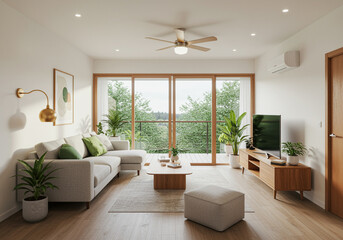 Bright and airy living room with modern decor and balcony view