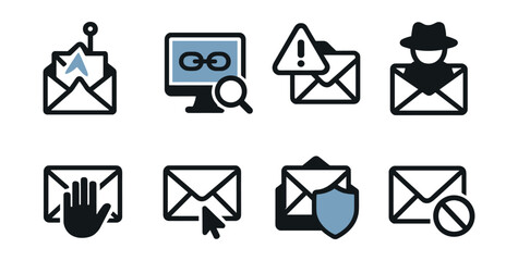 Two-Color vector icons of phishing prevention: fake email icon, link scanner, fraud alert, impersonation icon. Don’t click warning, hover check, email shield, no reply icon.