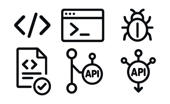 Outline with Fill icon set for coding and development: code brackets, terminal window, bug icon, script file, version control, API symbol, syntax check, cloud deploy.
