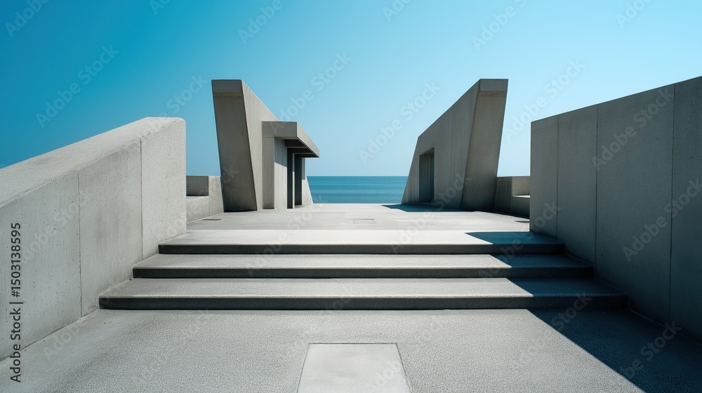 Aufkleber modernist concrete structure with geometric shadows overlooking a calm ocean under clear blue sky