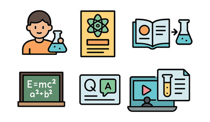 Outline with Fill vector icons of science education: student with flask, science fair poster, open textbook, experiment steps, chalkboard with equations, question-answer card, educational video, lab