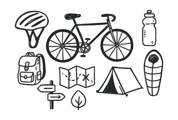 Hand-drawn vector icons of bicycle travel: helmet, bicycle, backpack, water bottle, map, tent, sleeping bag, road sign.