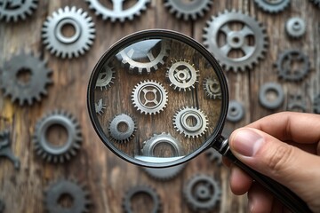 Close-up of a hand holding a magnifying glass over a collection of various gears, highlighting intricate details and mechanics