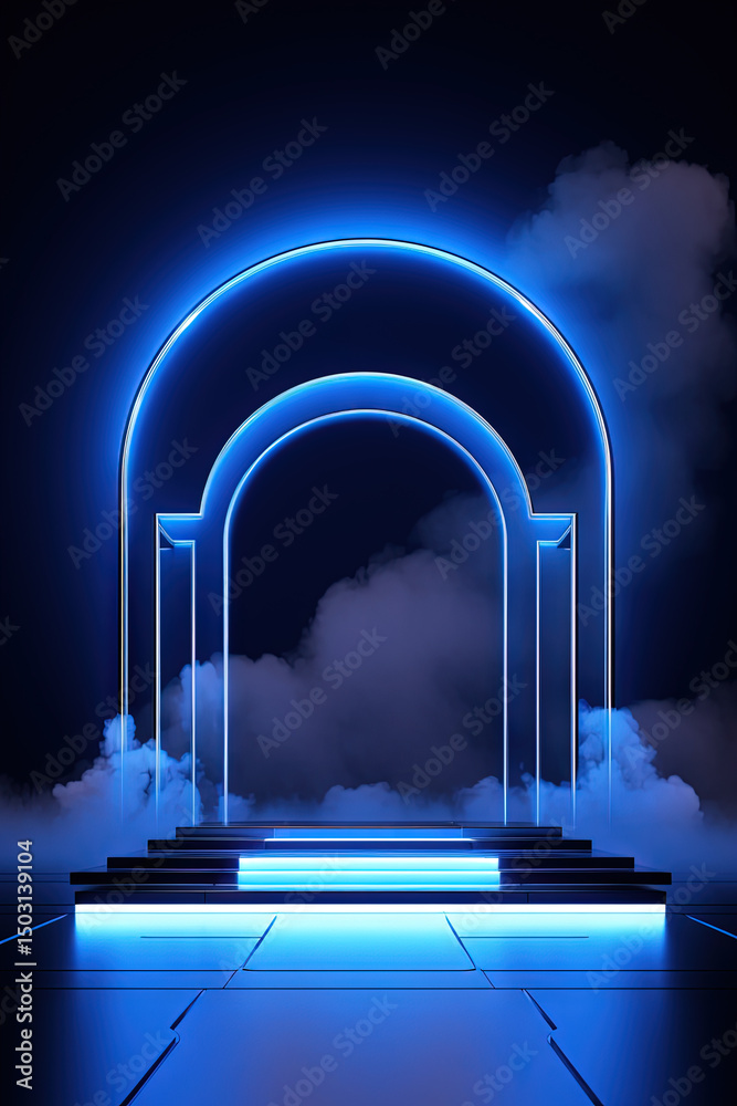 Poster neon arch in dark blue lights room with clouds. abstract background for party stage or product displ