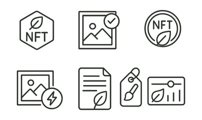 Line style icons of NFT galleries: eco-friendly NFT badge, carbon-neutral collection label, sustainable mint certificate, low-energy artwork token, green mint contract, ecological artist tag, clean