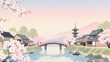 Fototapeta premium Serene Japanese Village Scene Cherry Blossoms, River, and Pagoda at Dawn