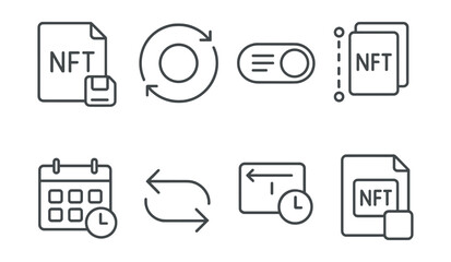Line style icons of NFT crafting: NFT draft save icon, version control badge, metadata autosave toggle, preview history timeline, last edit timestamp, undo/redo arrows, restore previous version,